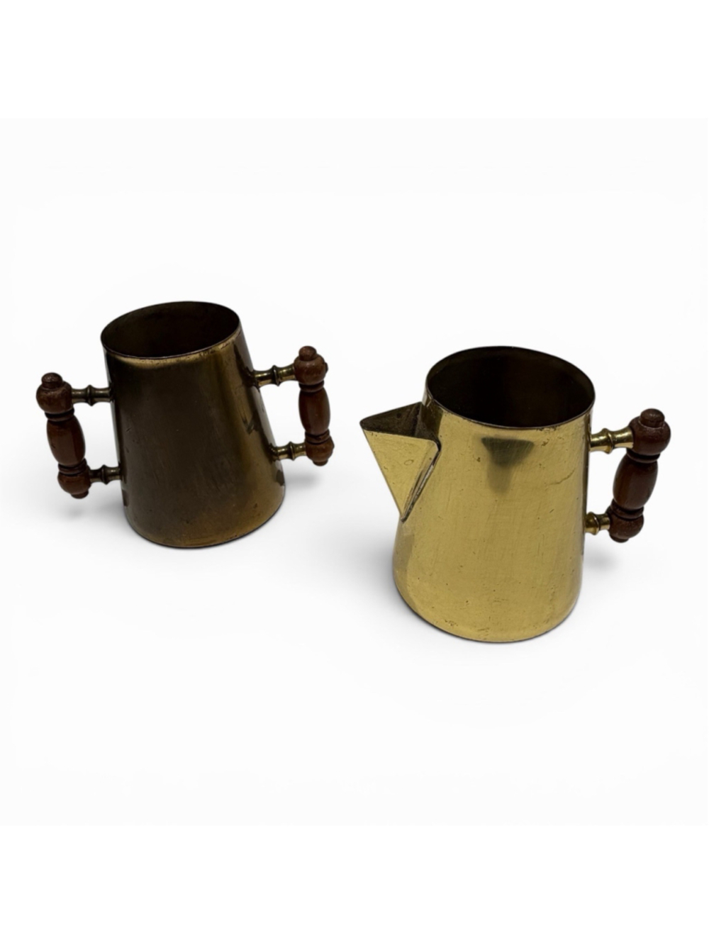 Brass Sugar and Creamer by Blake, Wood Handles, No Lids, 4” Tall MCM Vtg READ